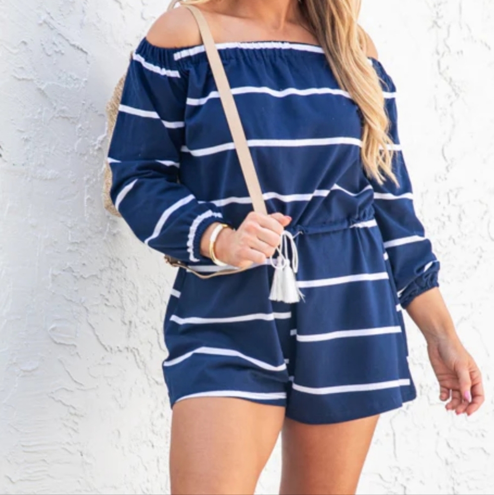 Navy Stripe off the Shoulder Romper